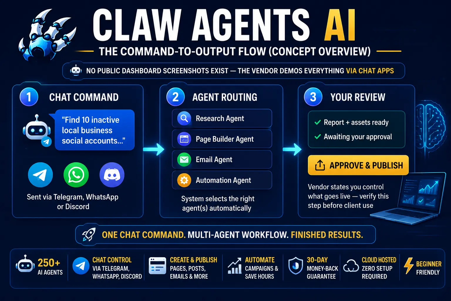 Illustration of the Claw Agents AI command-to-output flow from chat command through agent routing to approval