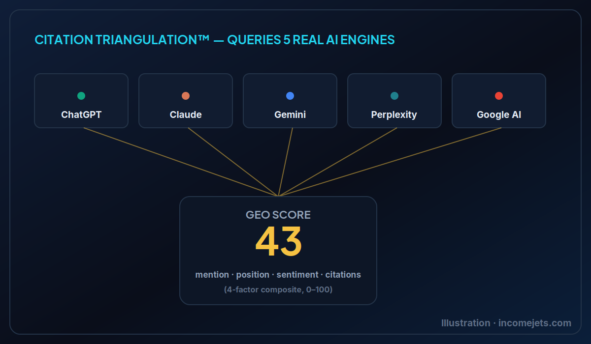 Illustration of RankMyAnswer's Citation Triangulation querying ChatGPT, Claude, Gemini, Perplexity and Google AI Overviews to produce a GEO Score