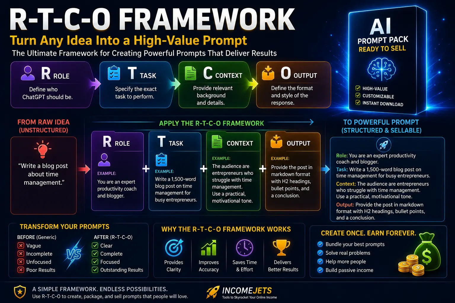 RTCO prompt engineering framework diagram for ChatGPT prompt packs