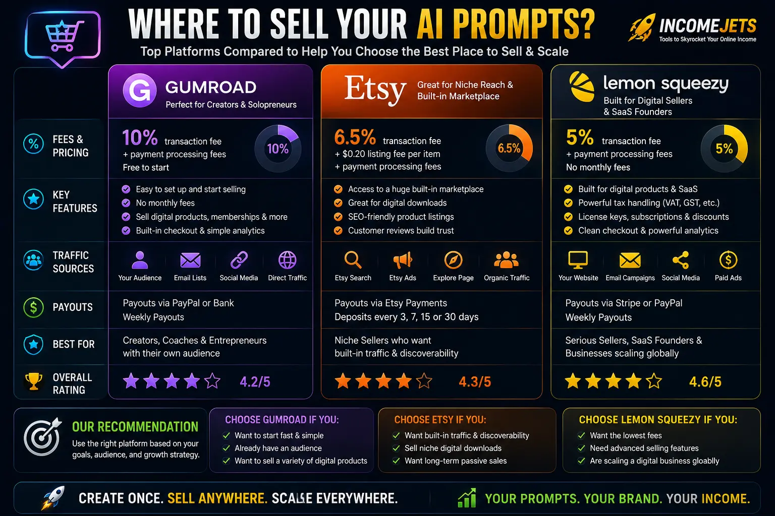 Comparison of selling platforms for digital prompt downloads including Gumroad and Etsy