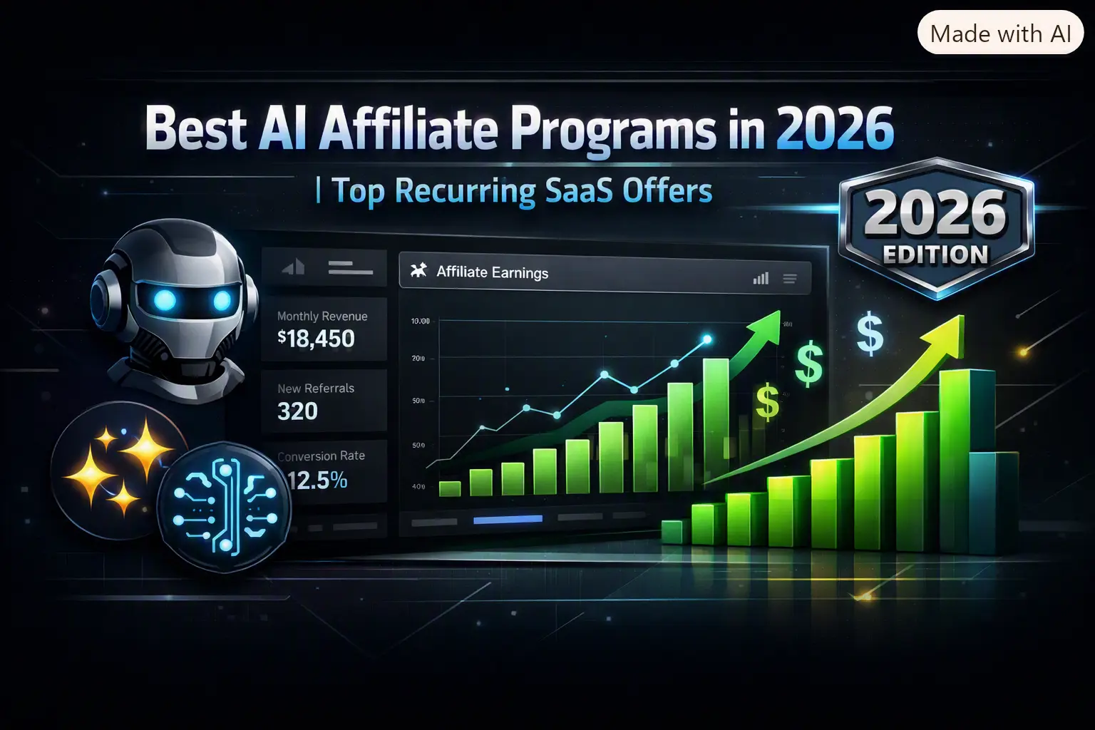 Comparison banner of the best high-paying AI affiliate programs in 2026 showing recurring SaaS tools