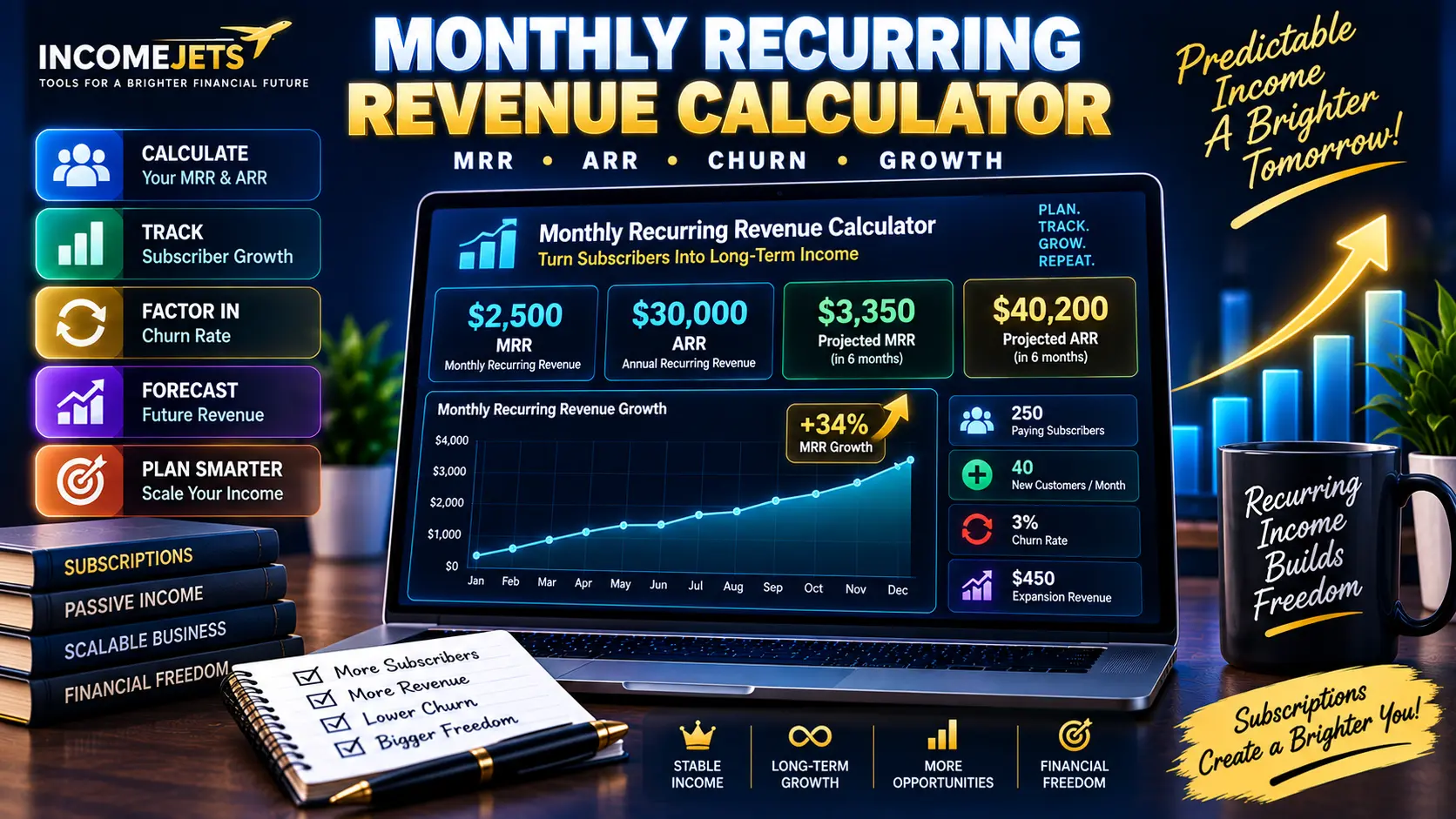 Monthly Recurring Revenue Calculator for calculating MRR, ARR, customers, and recurring revenue growth