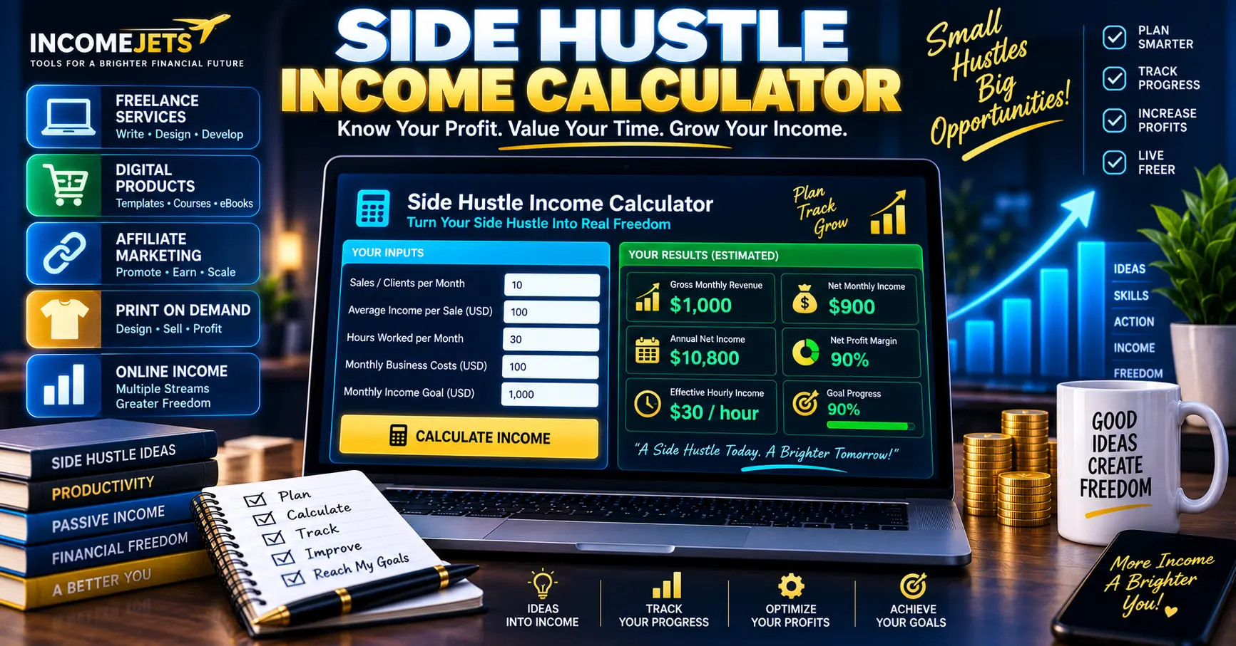Side Hustle Income Calculator for estimating monthly profit and income goals