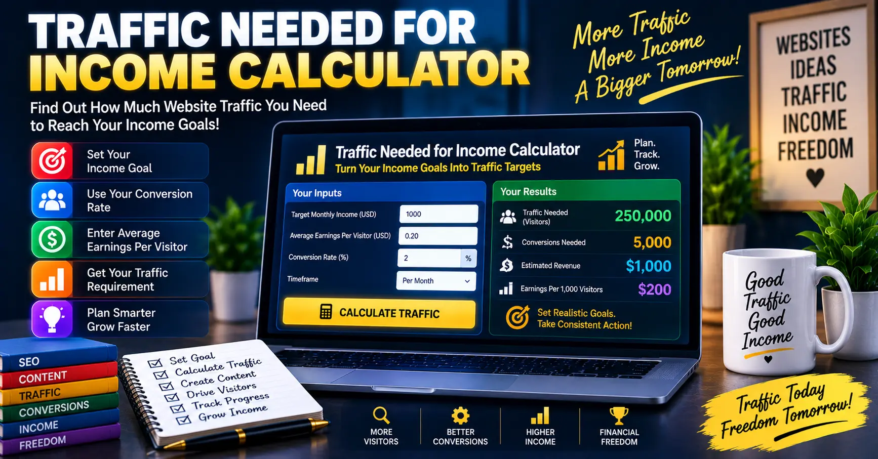 Traffic Needed for Income Calculator showing visitors required to reach an income goal