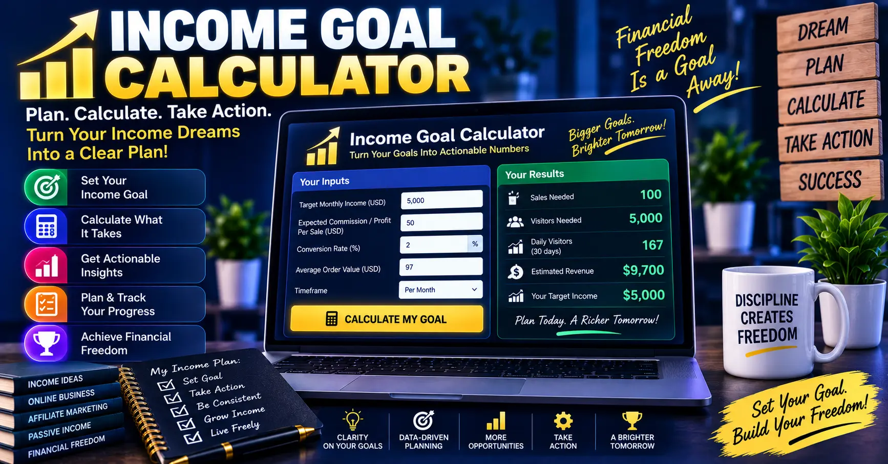 Income Goal Calculator for calculating monthly income targets, sales, and traffic